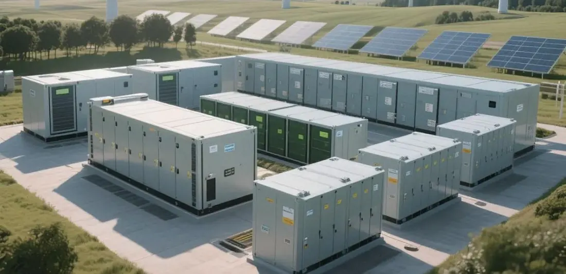 Battery energy storage cabinets beside a solar farm